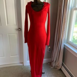 Maxi length fitted red sweater dress